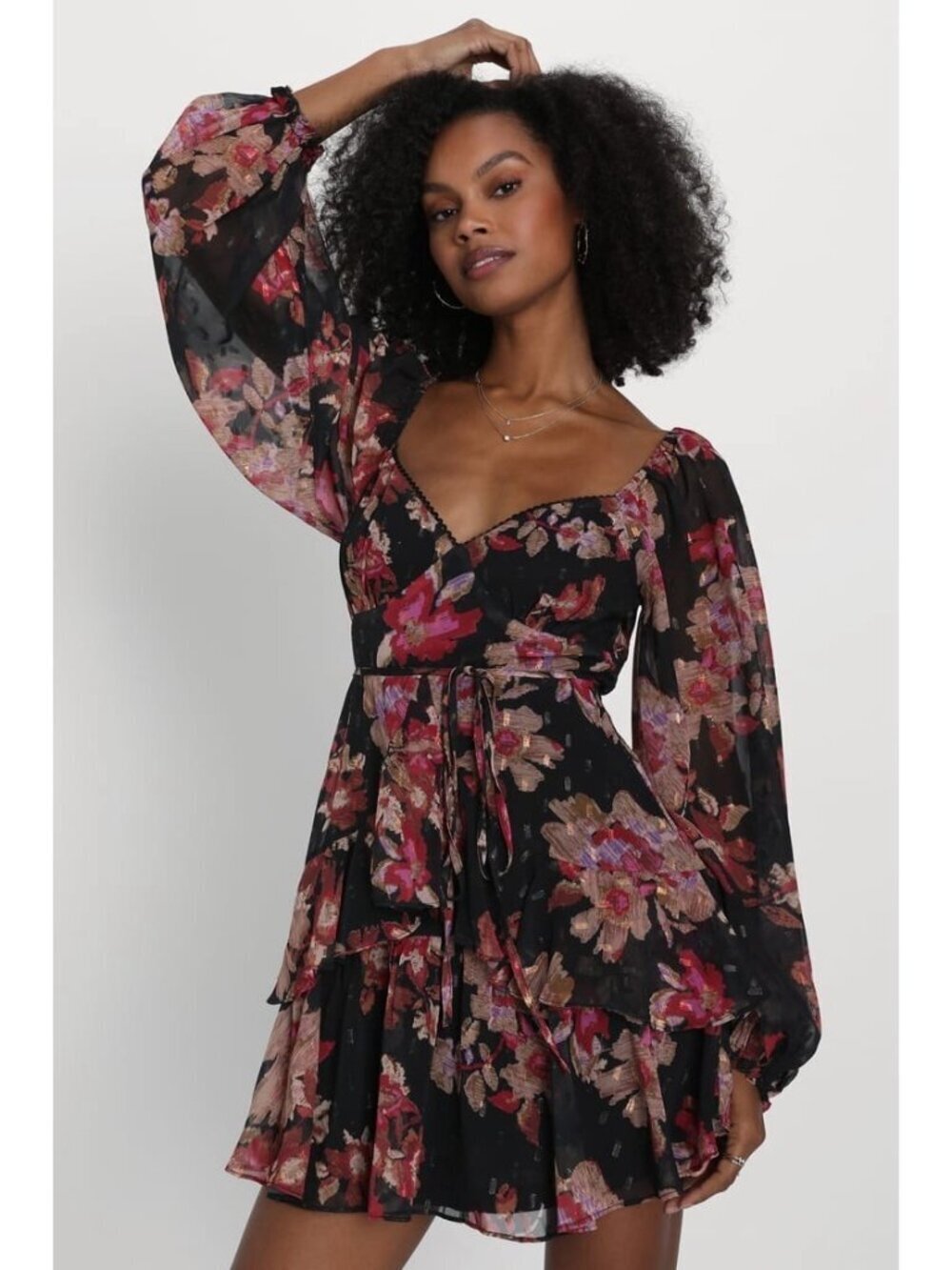Lulus Dramatically Dreamy Mini Dress Sz Small Black Floral Metallic Chiffon Boho